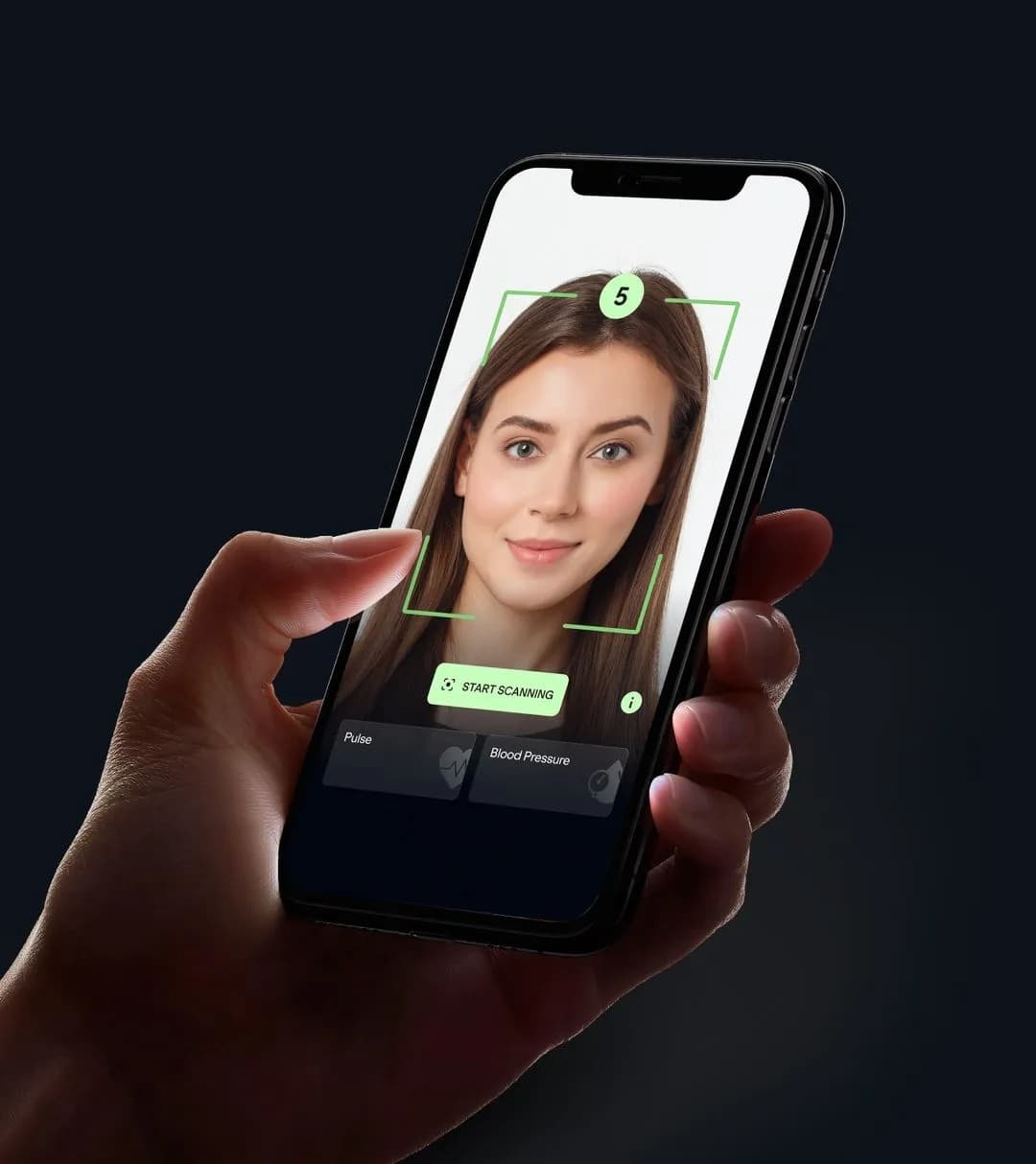 Nemus VitalScan face scan running on a smartphone, measuring pulse and blood pressure