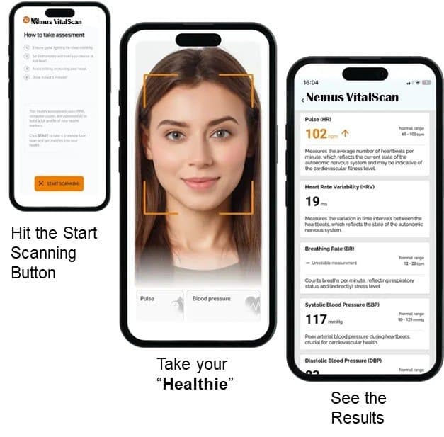 Nemus VitalScan app scanning a face and showing vital sign results